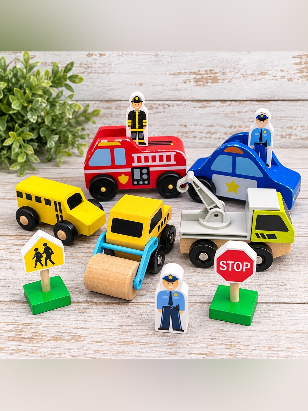 Wooden Community Vehicle Toy Lot Police Fire Truck Bus Construction Signs